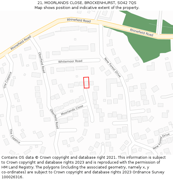 21, MOORLANDS CLOSE, BROCKENHURST, SO42 7QS: Location map and indicative extent of plot