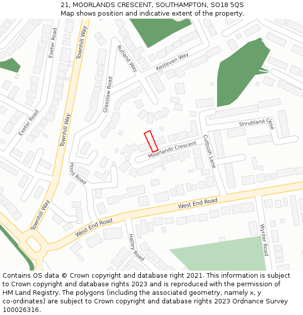 21, MOORLANDS CRESCENT, SOUTHAMPTON, SO18 5QS: Location map and indicative extent of plot