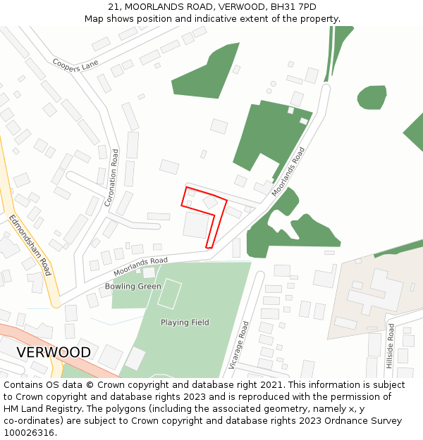 21, MOORLANDS ROAD, VERWOOD, BH31 7PD: Location map and indicative extent of plot