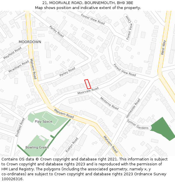 21, MOORVALE ROAD, BOURNEMOUTH, BH9 3BE: Location map and indicative extent of plot