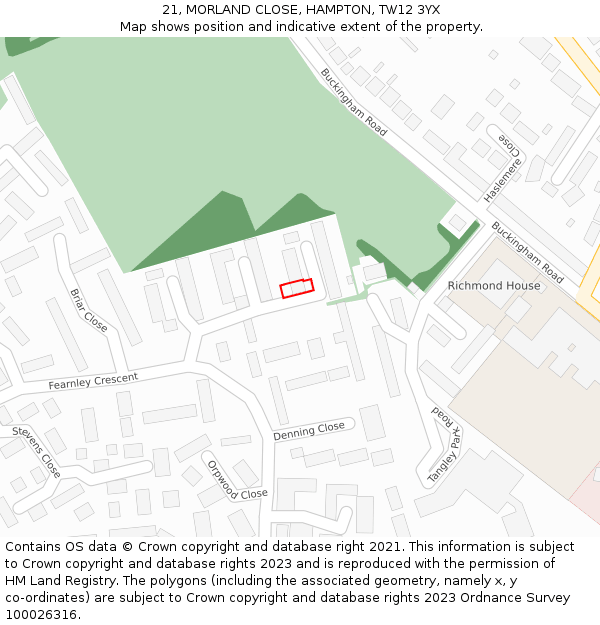 21, MORLAND CLOSE, HAMPTON, TW12 3YX: Location map and indicative extent of plot