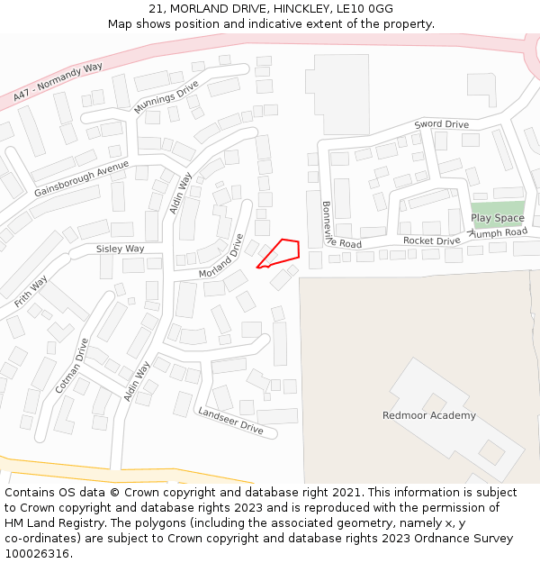 21, MORLAND DRIVE, HINCKLEY, LE10 0GG: Location map and indicative extent of plot