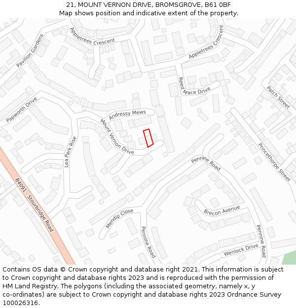 21, MOUNT VERNON DRIVE, BROMSGROVE, B61 0BF: Location map and indicative extent of plot