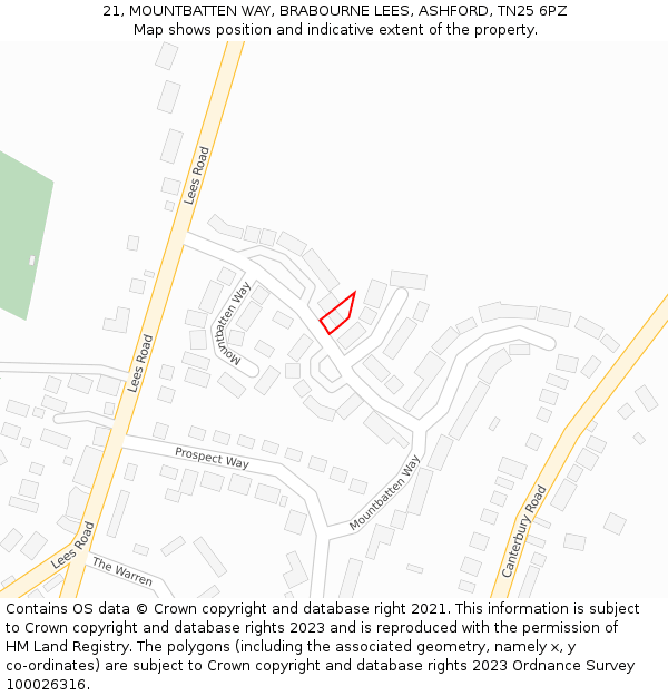 21, MOUNTBATTEN WAY, BRABOURNE LEES, ASHFORD, TN25 6PZ: Location map and indicative extent of plot