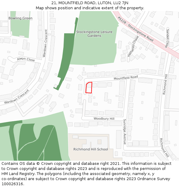 21, MOUNTFIELD ROAD, LUTON, LU2 7JN: Location map and indicative extent of plot