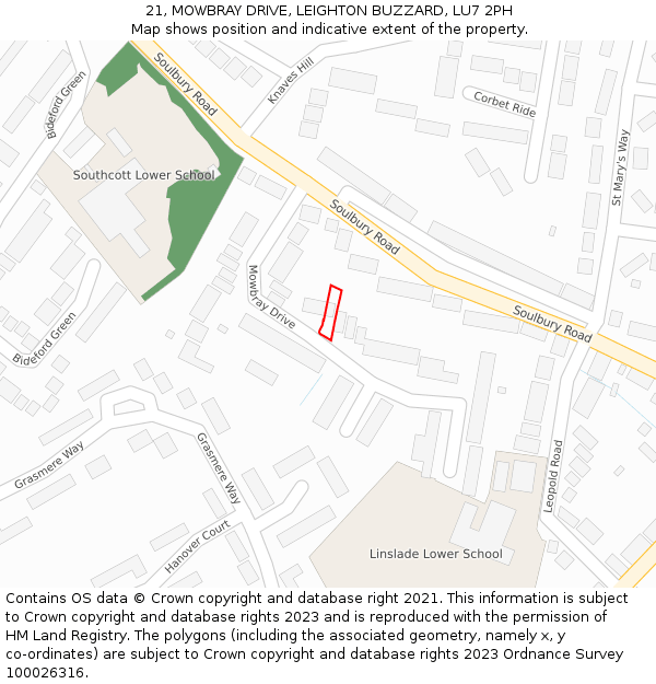 21, MOWBRAY DRIVE, LEIGHTON BUZZARD, LU7 2PH: Location map and indicative extent of plot