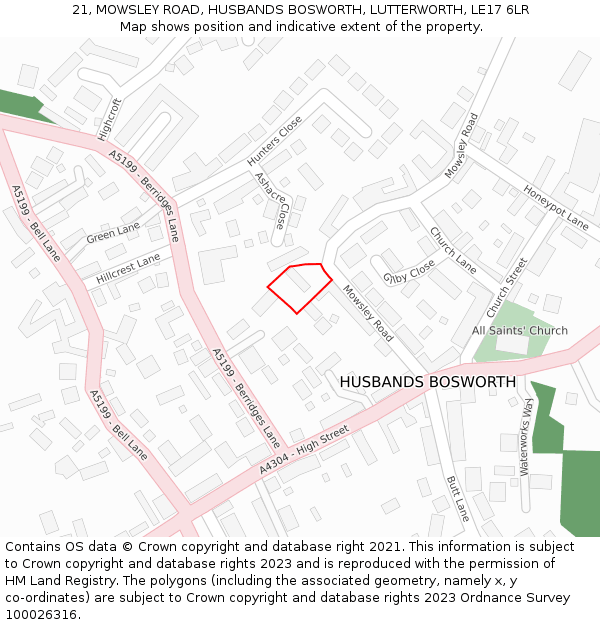 21, MOWSLEY ROAD, HUSBANDS BOSWORTH, LUTTERWORTH, LE17 6LR: Location map and indicative extent of plot