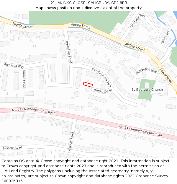 21, MUNKS CLOSE, SALISBURY, SP2 8PB: Location map and indicative extent of plot