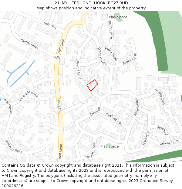 21, MYLLERS LOND, HOOK, RG27 9UD: Location map and indicative extent of plot