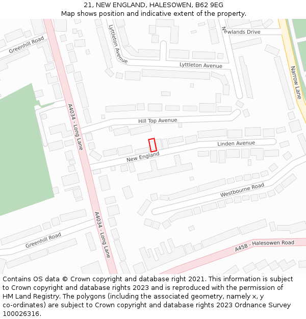 21, NEW ENGLAND, HALESOWEN, B62 9EG: Location map and indicative extent of plot