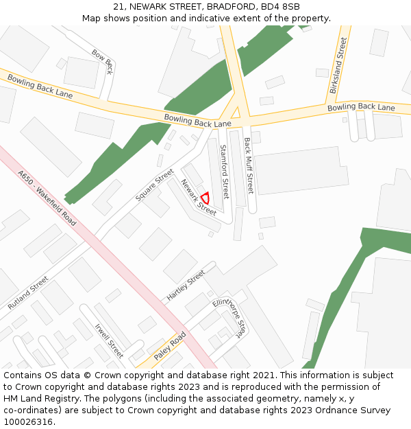 21, NEWARK STREET, BRADFORD, BD4 8SB: Location map and indicative extent of plot