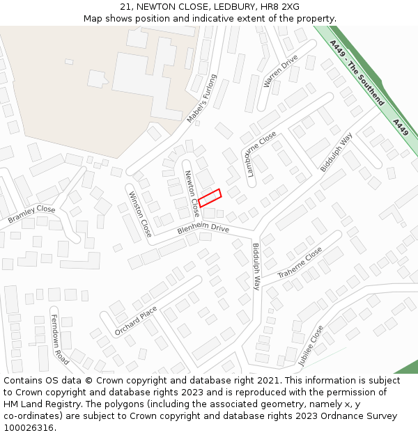 21, NEWTON CLOSE, LEDBURY, HR8 2XG: Location map and indicative extent of plot