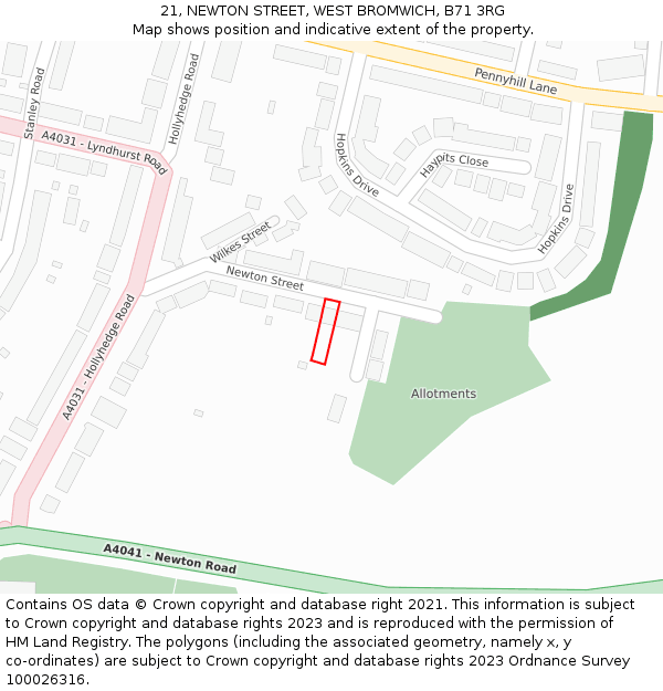 21, NEWTON STREET, WEST BROMWICH, B71 3RG: Location map and indicative extent of plot