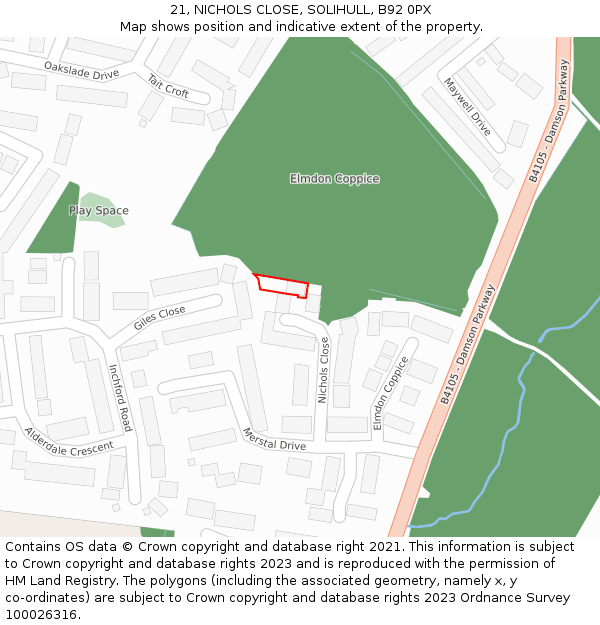 21, NICHOLS CLOSE, SOLIHULL, B92 0PX: Location map and indicative extent of plot