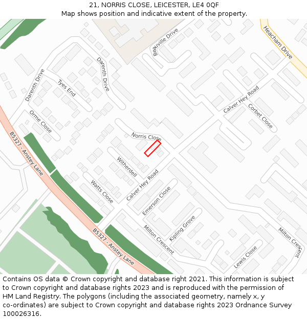 21, NORRIS CLOSE, LEICESTER, LE4 0QF: Location map and indicative extent of plot