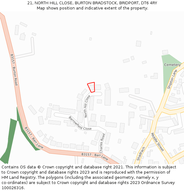 21, NORTH HILL CLOSE, BURTON BRADSTOCK, BRIDPORT, DT6 4RY: Location map and indicative extent of plot