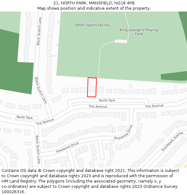 21, NORTH PARK, MANSFIELD, NG18 4PB: Location map and indicative extent of plot