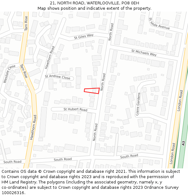 21, NORTH ROAD, WATERLOOVILLE, PO8 0EH: Location map and indicative extent of plot