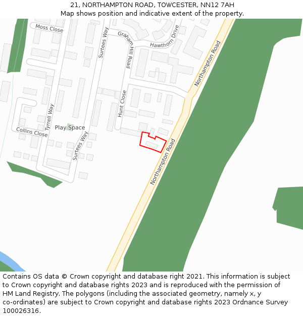 21, NORTHAMPTON ROAD, TOWCESTER, NN12 7AH: Location map and indicative extent of plot