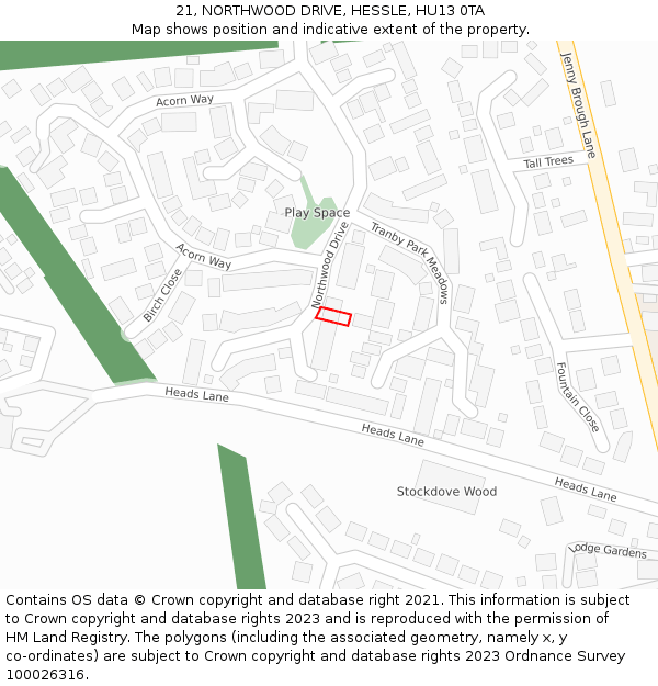 21, NORTHWOOD DRIVE, HESSLE, HU13 0TA: Location map and indicative extent of plot