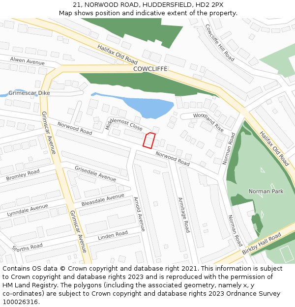 21, NORWOOD ROAD, HUDDERSFIELD, HD2 2PX: Location map and indicative extent of plot