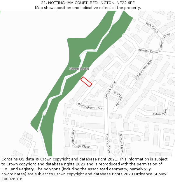 21, NOTTINGHAM COURT, BEDLINGTON, NE22 6PE: Location map and indicative extent of plot