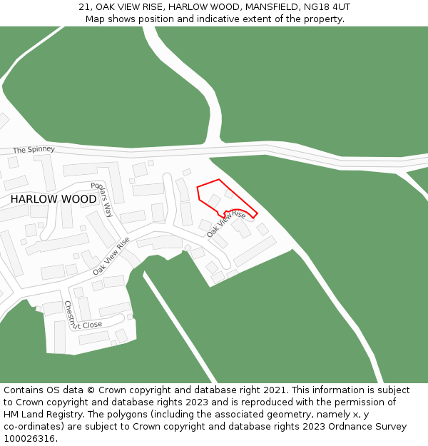 21, OAK VIEW RISE, HARLOW WOOD, MANSFIELD, NG18 4UT: Location map and indicative extent of plot