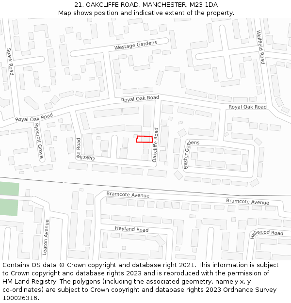 21, OAKCLIFFE ROAD, MANCHESTER, M23 1DA: Location map and indicative extent of plot