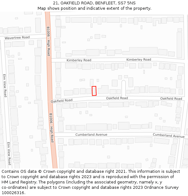 21, OAKFIELD ROAD, BENFLEET, SS7 5NS: Location map and indicative extent of plot