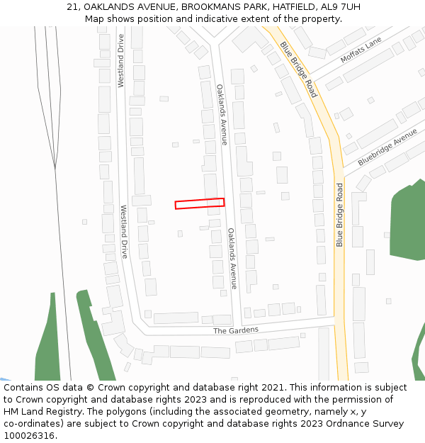 21, OAKLANDS AVENUE, BROOKMANS PARK, HATFIELD, AL9 7UH: Location map and indicative extent of plot