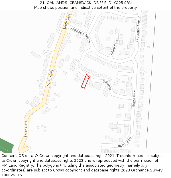 21, OAKLANDS, CRANSWICK, DRIFFIELD, YO25 9RN: Location map and indicative extent of plot