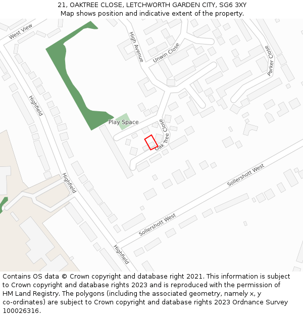 21, OAKTREE CLOSE, LETCHWORTH GARDEN CITY, SG6 3XY: Location map and indicative extent of plot