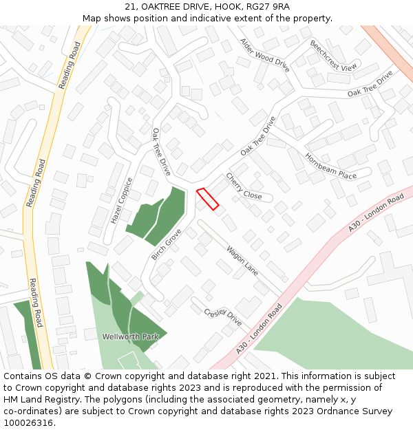 21, OAKTREE DRIVE, HOOK, RG27 9RA: Location map and indicative extent of plot