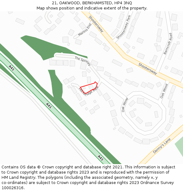 21, OAKWOOD, BERKHAMSTED, HP4 3NQ: Location map and indicative extent of plot