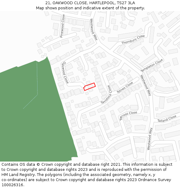 21, OAKWOOD CLOSE, HARTLEPOOL, TS27 3LA: Location map and indicative extent of plot