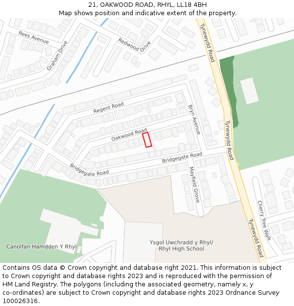 21, OAKWOOD ROAD, RHYL, LL18 4BH: Location map and indicative extent of plot