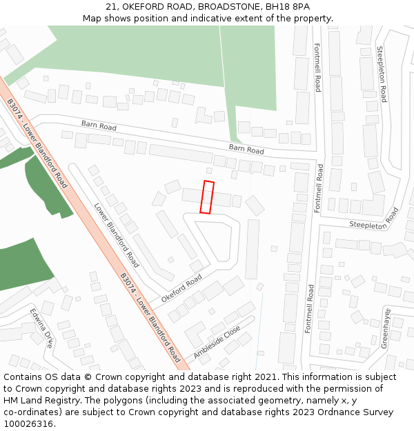 21, OKEFORD ROAD, BROADSTONE, BH18 8PA: Location map and indicative extent of plot