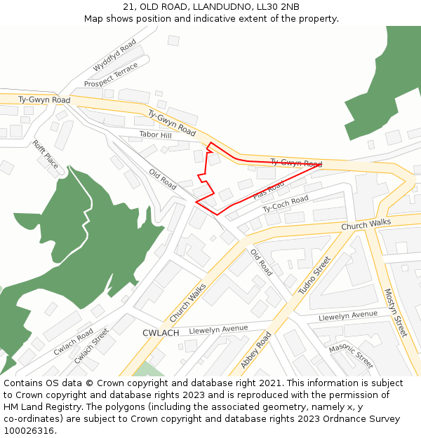 21, OLD ROAD, LLANDUDNO, LL30 2NB: Location map and indicative extent of plot