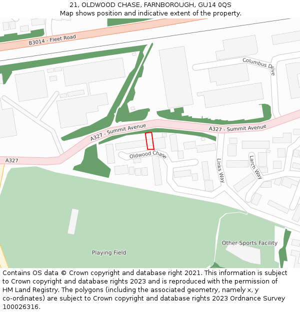 21, OLDWOOD CHASE, FARNBOROUGH, GU14 0QS: Location map and indicative extent of plot
