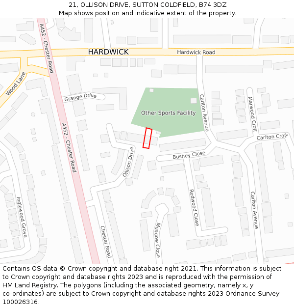 21, OLLISON DRIVE, SUTTON COLDFIELD, B74 3DZ: Location map and indicative extent of plot