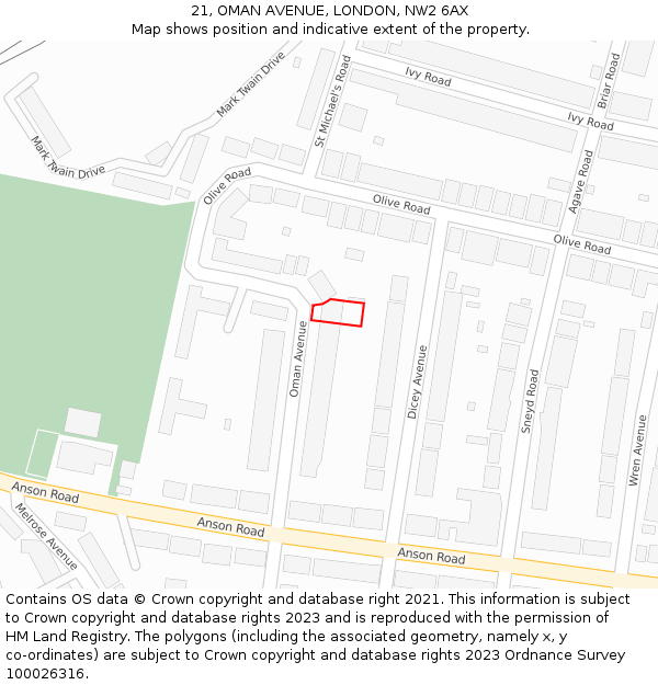 21, OMAN AVENUE, LONDON, NW2 6AX: Location map and indicative extent of plot