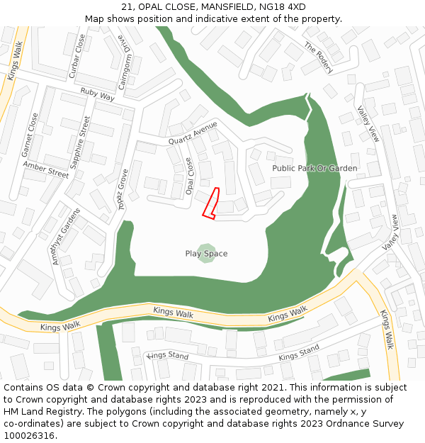 21, OPAL CLOSE, MANSFIELD, NG18 4XD: Location map and indicative extent of plot