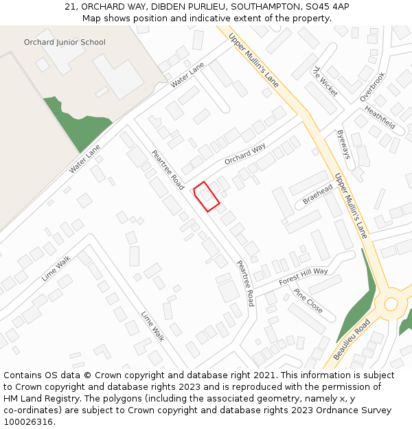 21, ORCHARD WAY, DIBDEN PURLIEU, SOUTHAMPTON, SO45 4AP: Location map and indicative extent of plot