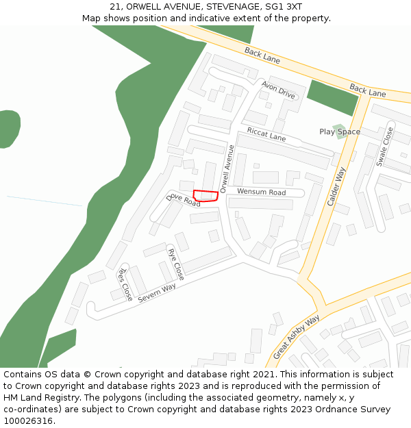 21, ORWELL AVENUE, STEVENAGE, SG1 3XT: Location map and indicative extent of plot