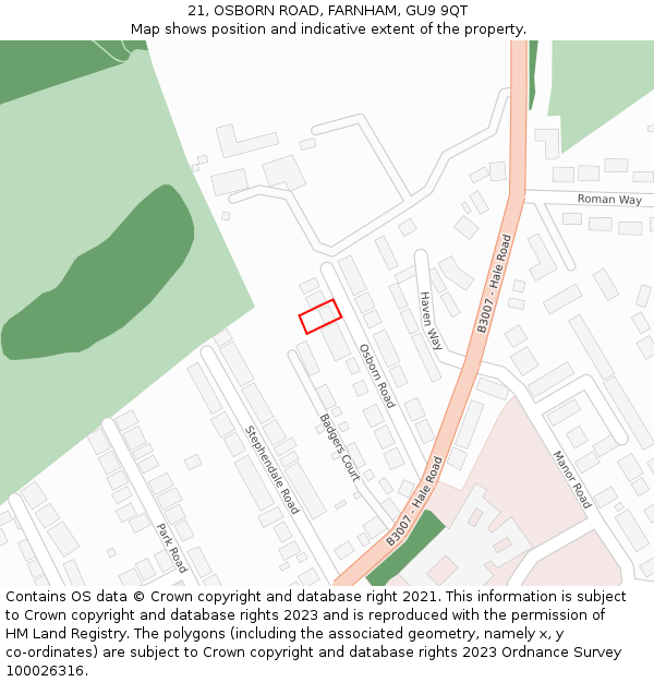 21, OSBORN ROAD, FARNHAM, GU9 9QT: Location map and indicative extent of plot