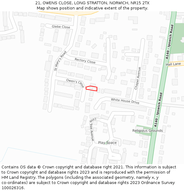 21, OWENS CLOSE, LONG STRATTON, NORWICH, NR15 2TX: Location map and indicative extent of plot