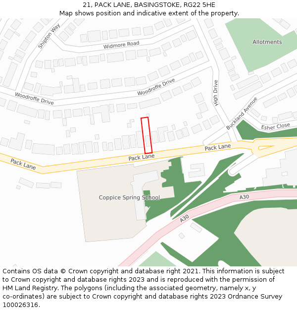 21, PACK LANE, BASINGSTOKE, RG22 5HE: Location map and indicative extent of plot