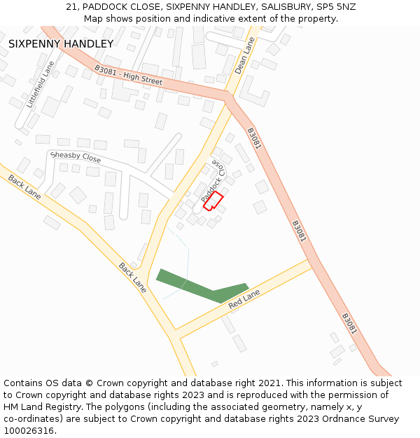 21, PADDOCK CLOSE, SIXPENNY HANDLEY, SALISBURY, SP5 5NZ: Location map and indicative extent of plot