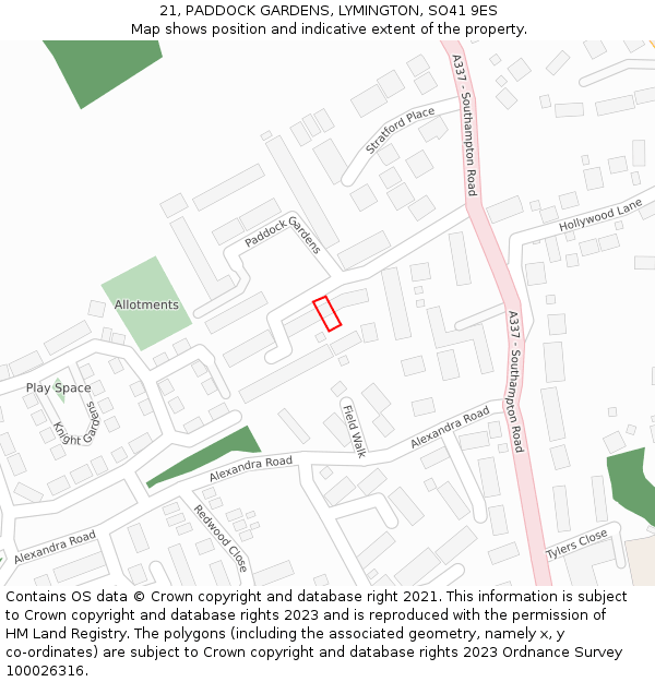 21, PADDOCK GARDENS, LYMINGTON, SO41 9ES: Location map and indicative extent of plot