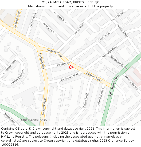 21, PALMYRA ROAD, BRISTOL, BS3 3JG: Location map and indicative extent of plot